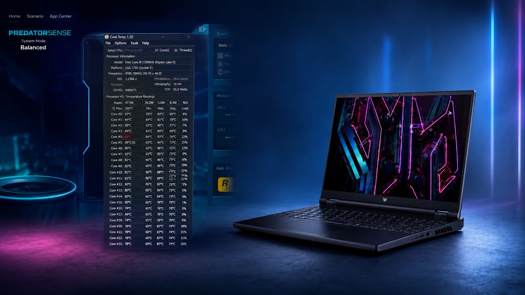 An Acer Predator laptop running PredatorSense displaying 'System Mode: Balanced' next to a Core Temp 1.20 window showing an Intel Core i9-13900HX with various core temperatures.