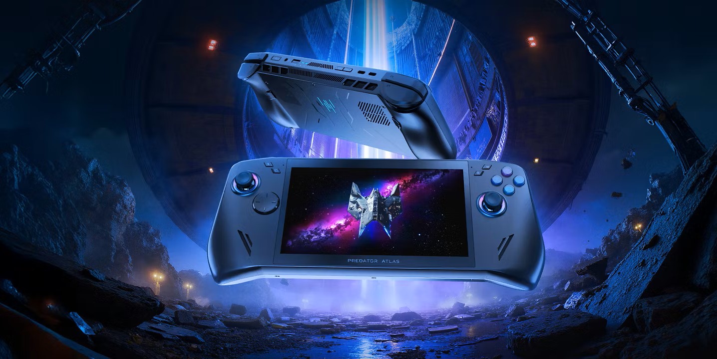 The Acer Predator Atlas gaming handheld is shown floating in a futuristic alien environment, with the screen displaying a spaceship.
