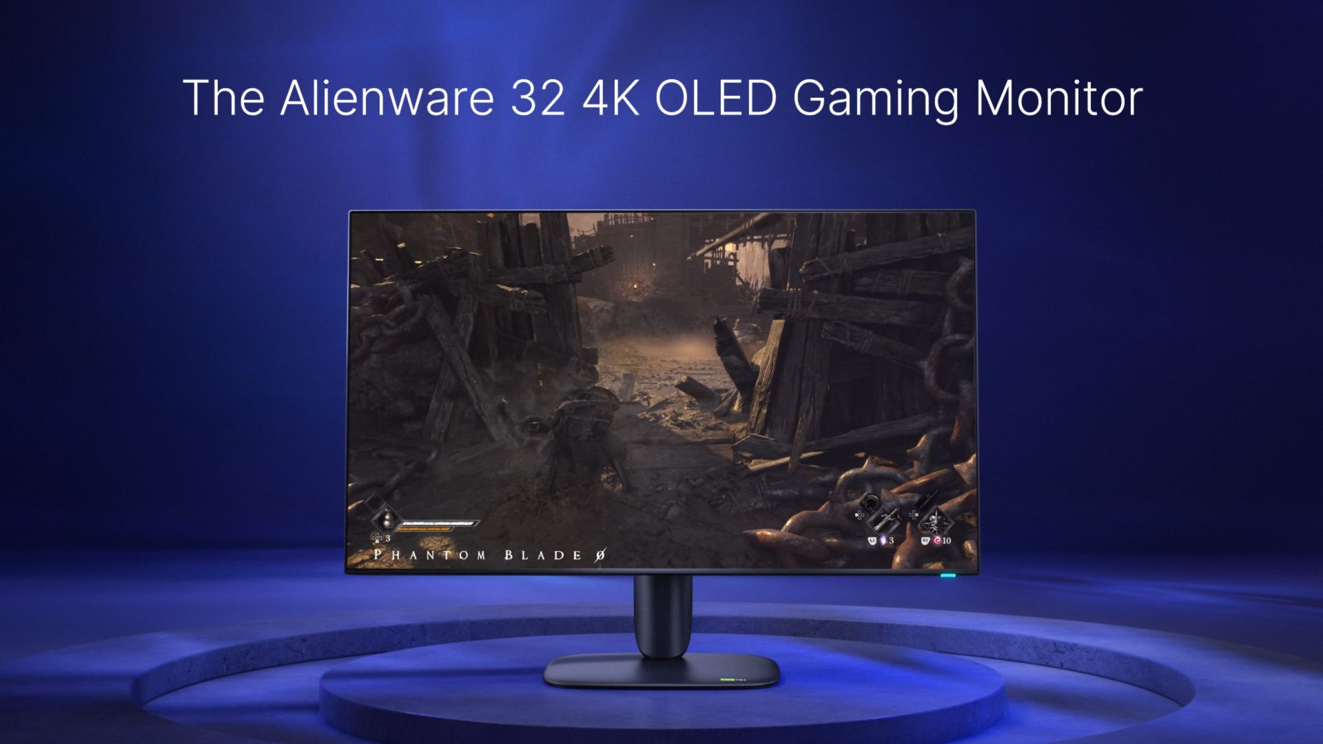 The Alienware 32 4K OLED Gaming Monitor displays a scene from the game 'Phantom Blade.'