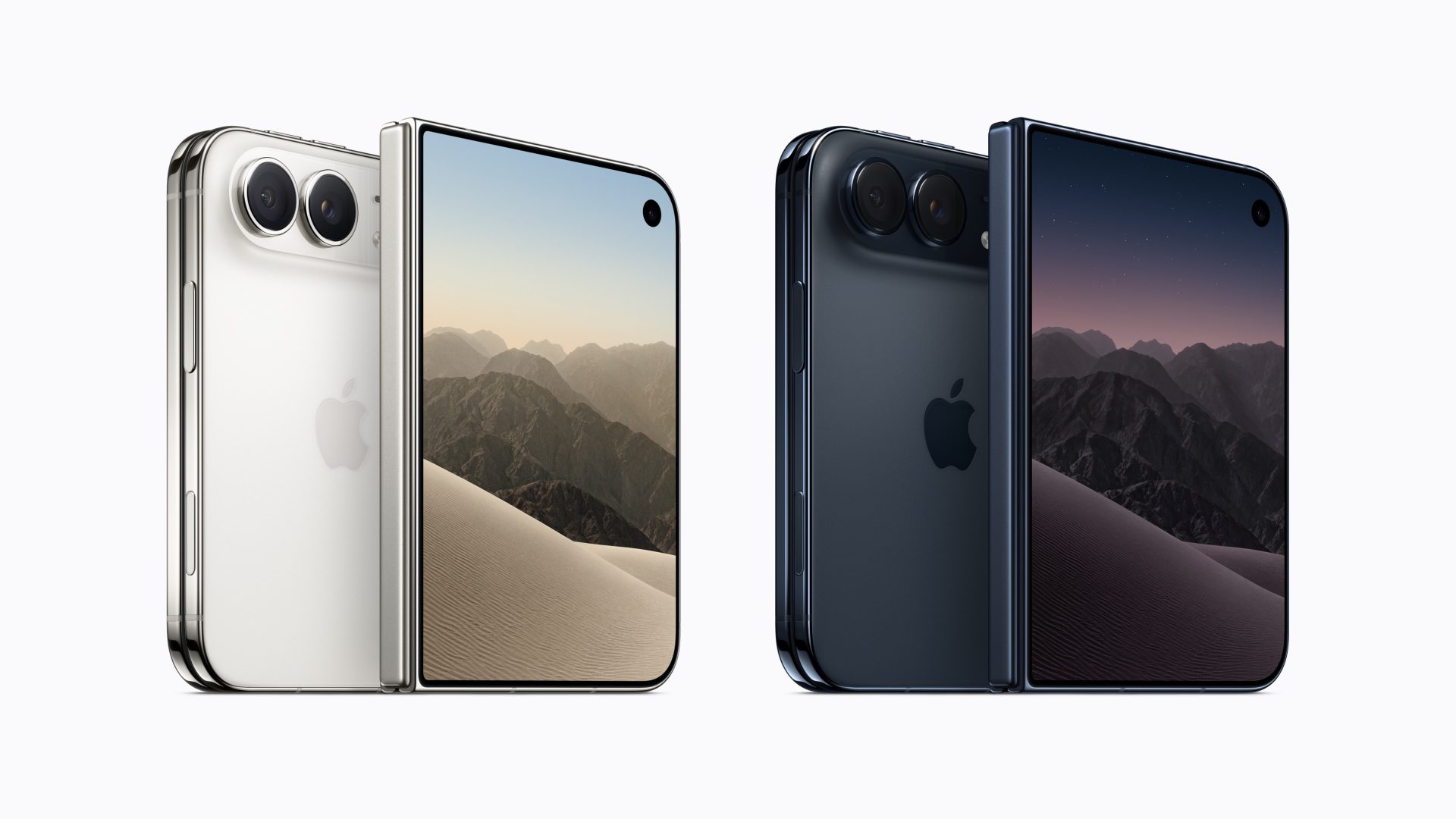 Two Apple foldable smartphones in silver and dark blue colors are displayed side by side, showing both the hinge design and dynamic mountain landscape wallpapers on their screens.