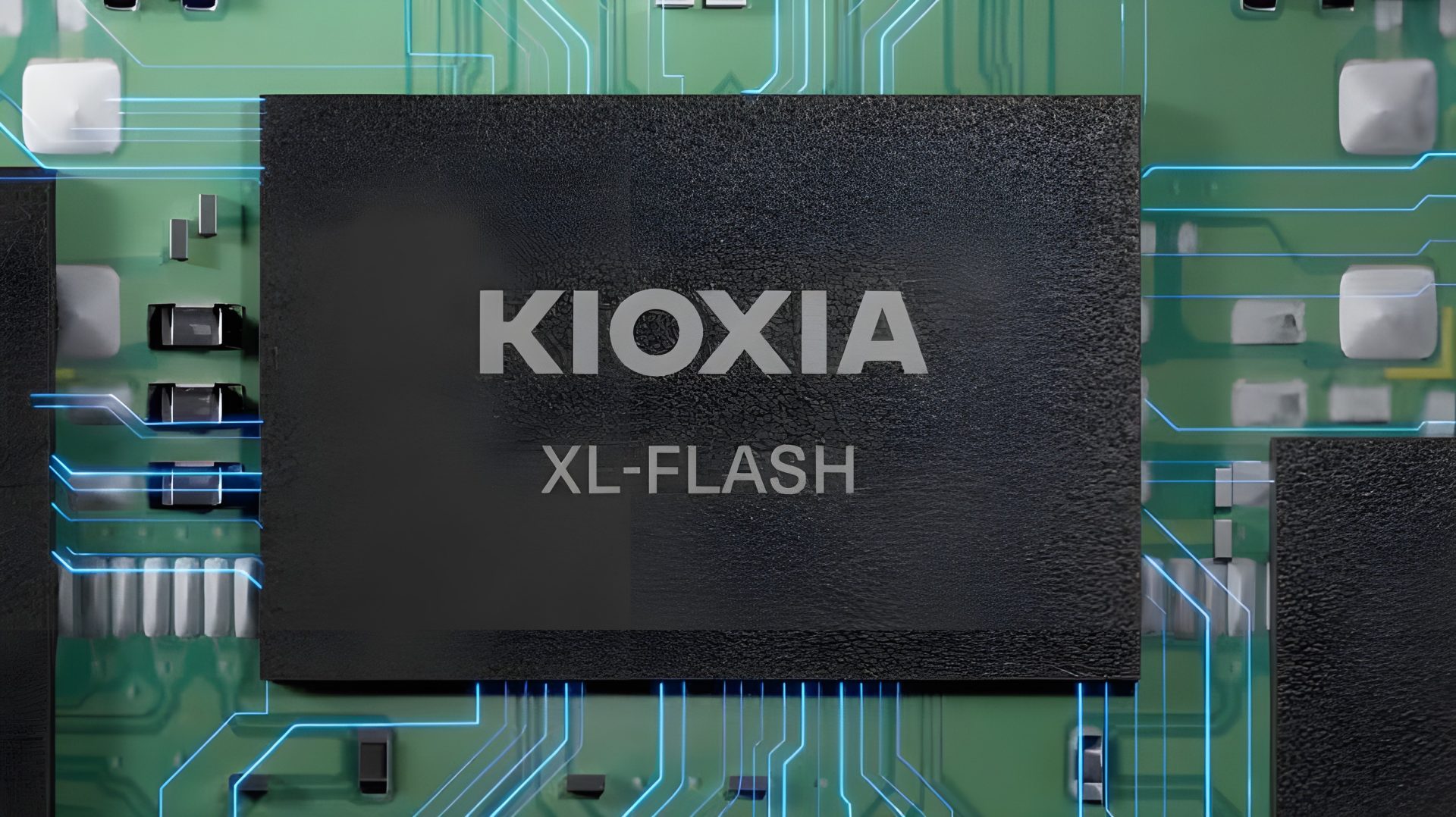 A Kioxia XL-FLASH memory chip is mounted on a circuit board with visible blue traces.