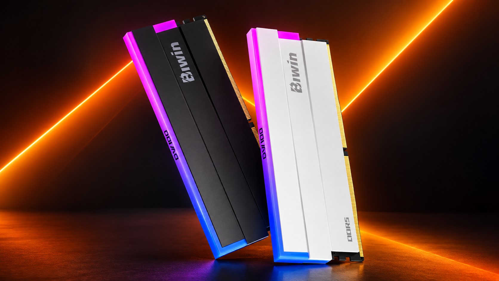 Biwin DV100 DDR5 memory modules with RGB lighting in black and white.