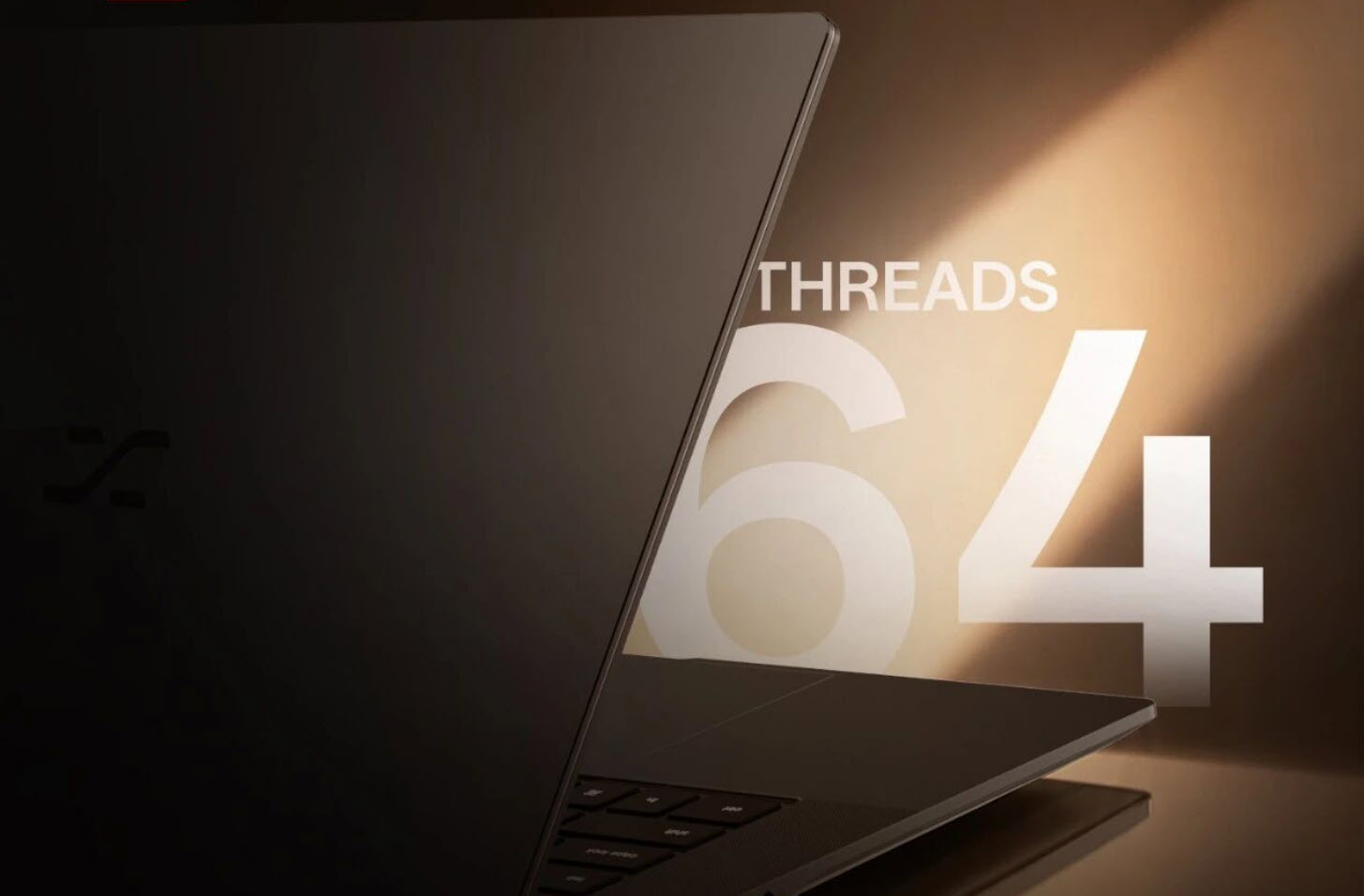 A sleek black laptop with a logo, partially open, facing large text that reads 'THREADS 64'.