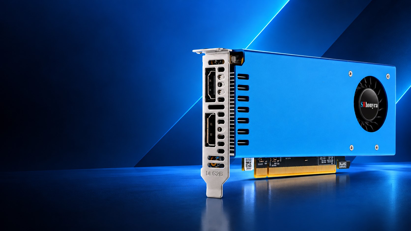 A blue Sapphonyra graphics card is shown with HDMI and DisplayPort outputs, featuring a visible dual-slot design and a fan labeled 'SRhonyra'.