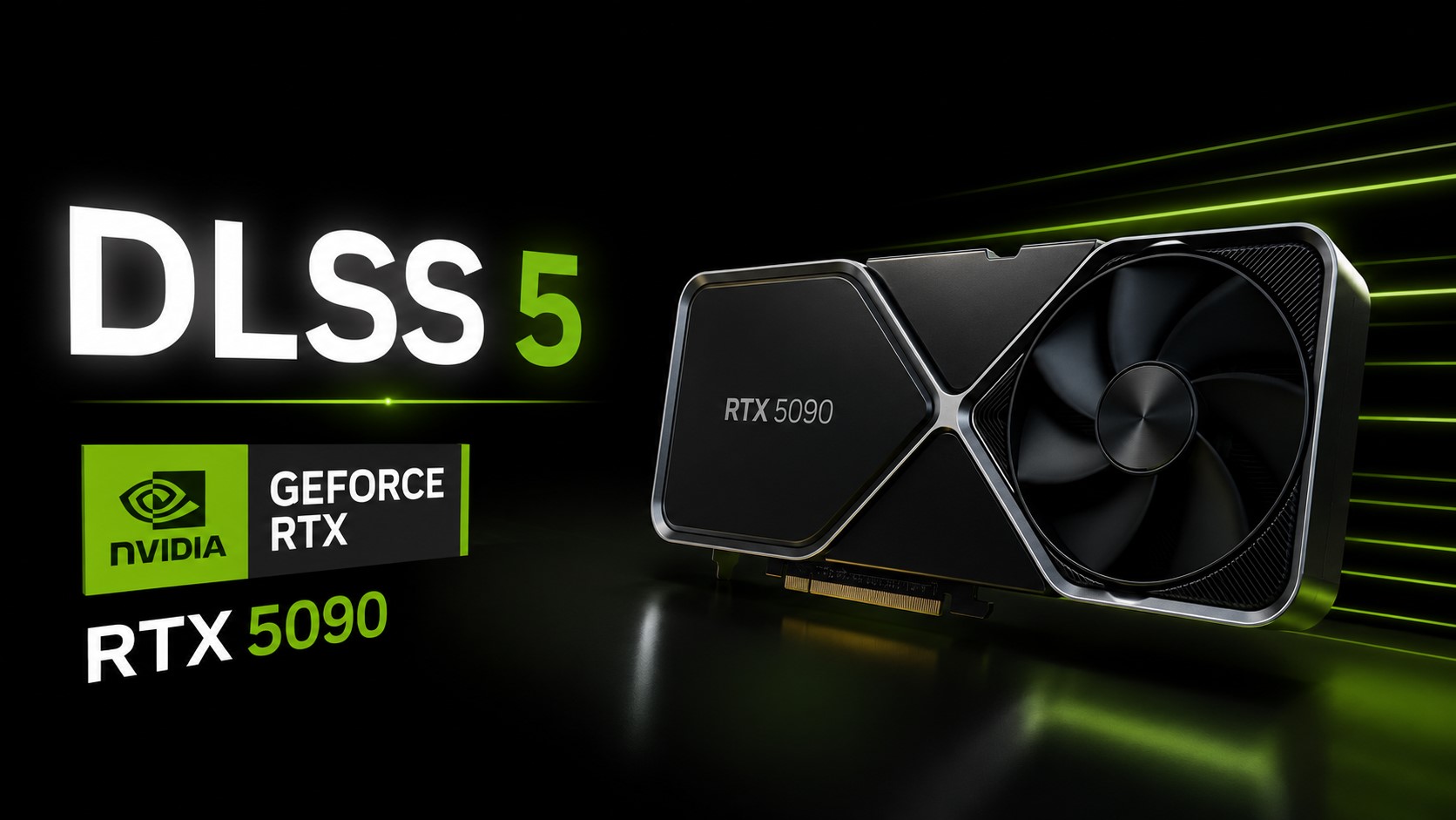 The NVIDIA GeForce RTX 5090 graphics card is showcased alongside 'DLSS 5' branding.