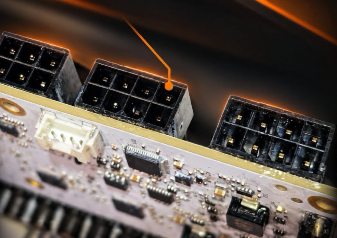 A close-up of a computer motherboard showing several power connectors, including two 8-pin headers with an orange arrow pointing at one.