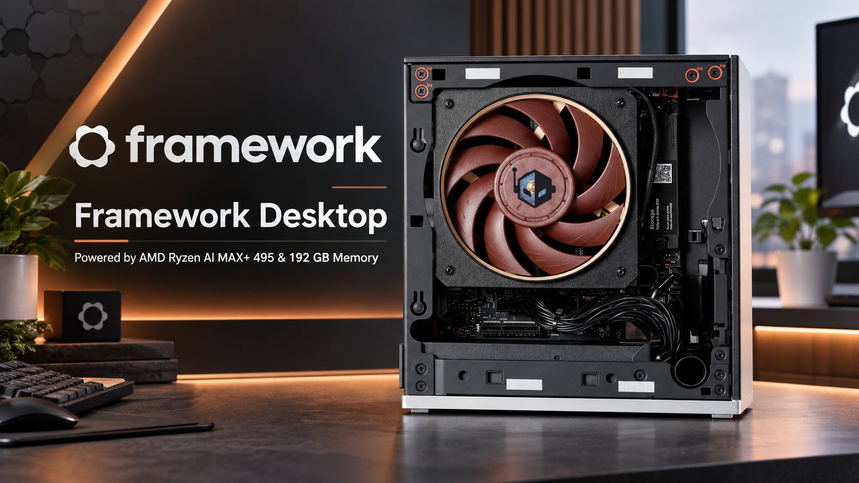 A Framework Desktop is displayed with an open view showing internal components, labeled 'Powered by AMD Ryzen AI MAX+ 495 & 192 GB Memory,' alongside the Framework logo on the backdrop.