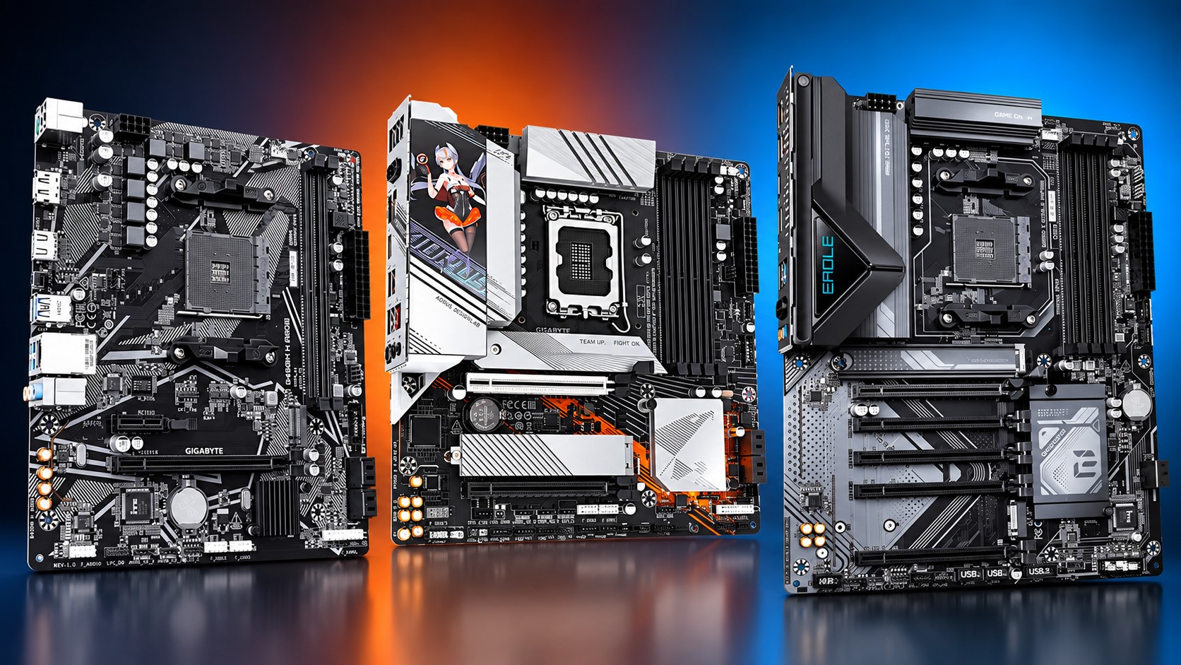 A lineup of three GIGABYTE motherboards, including models labeled 'TEAM UP, FIGHT ON,' each showcasing unique designs and slot configurations against a dual-tone background.
