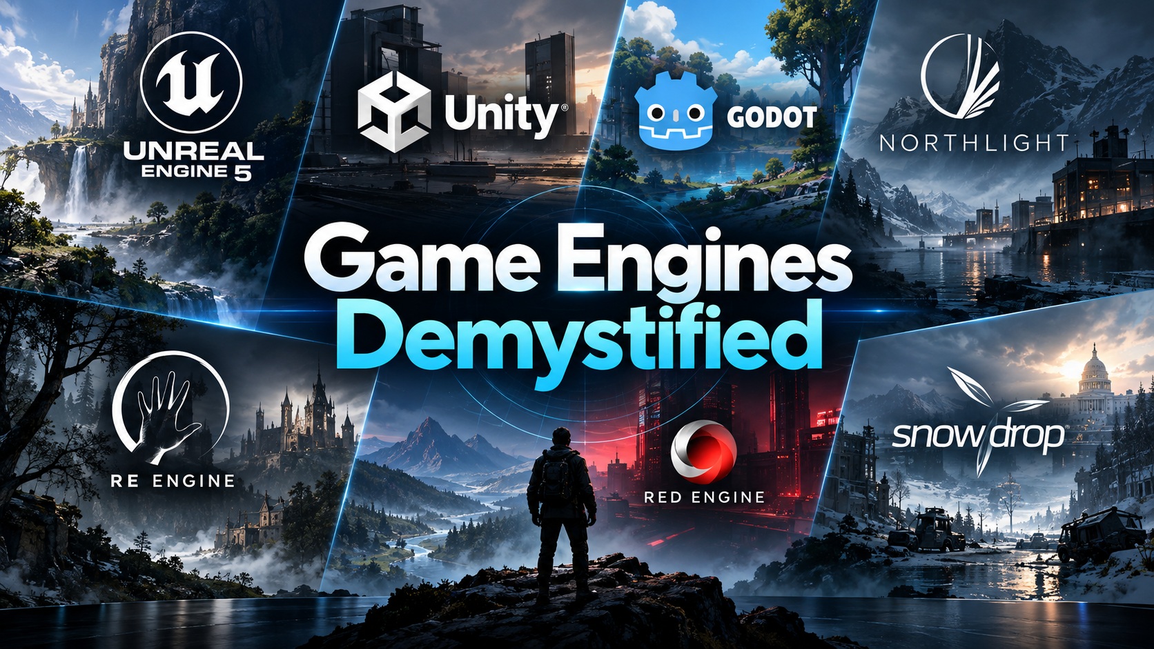Logos of Unreal Engine 5, Unity, Godot, Northlight, RE Engine, Red Engine, and Snowdrop surrounding the text 'Game Engines Demystified' with a landscape background.
