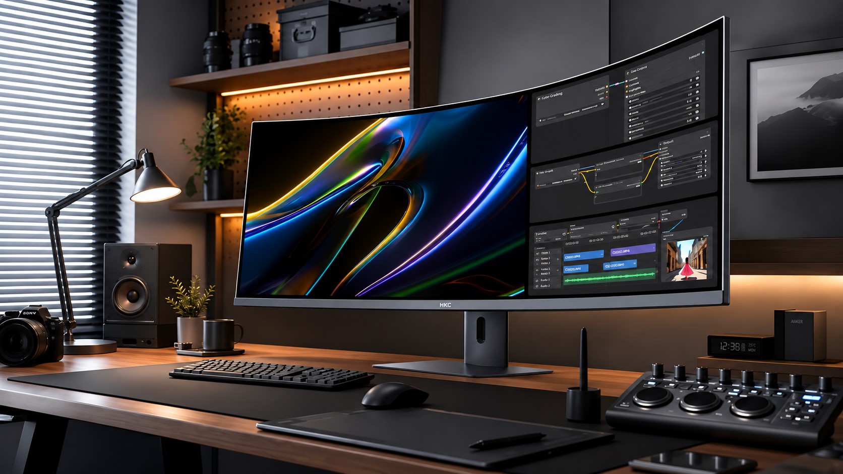 An HKC curved ultrawide monitor on a desk, displaying video editing software with multiple interface panels, alongside a Sony camera, audio equipment, and a graphics tablet.