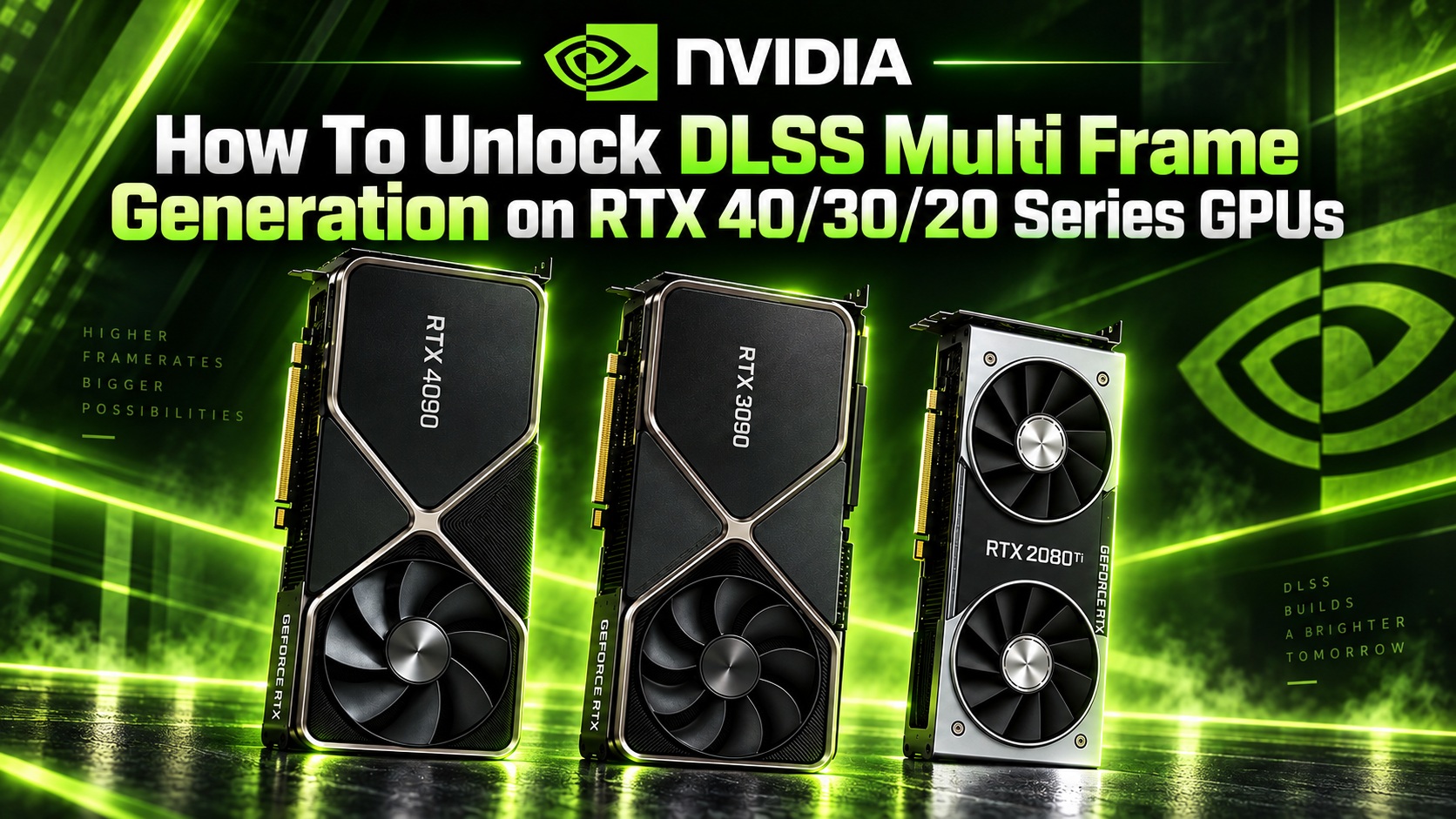 NVIDIA GeForce RTX 4090, RTX 3090, and RTX 2080 Ti graphics cards are displayed under the title 'How To Unlock DLSS Multi Frame Generation on RTX 40/30/20 Series GPUs.'