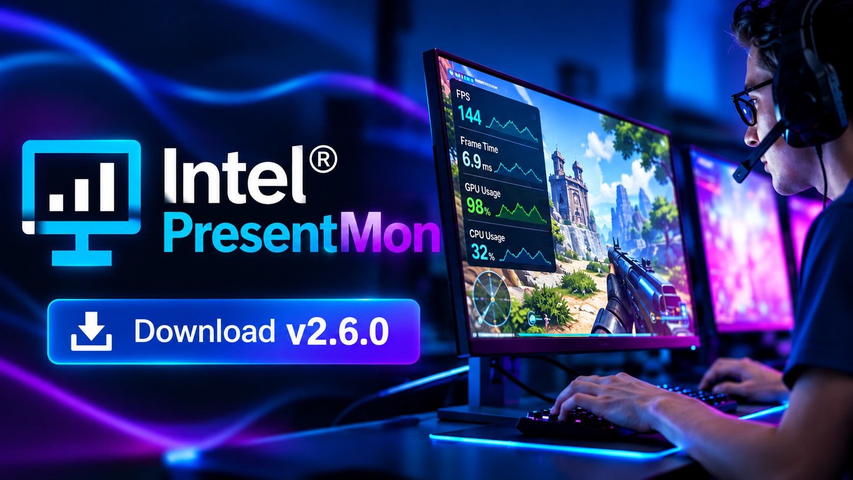 A person is gaming on a monitor displaying performance metrics like 'FPS 144' and 'GPU Usage 98%' while text on the left reads 'Intel PresentMon' with a button 'Download v2.6.0'.