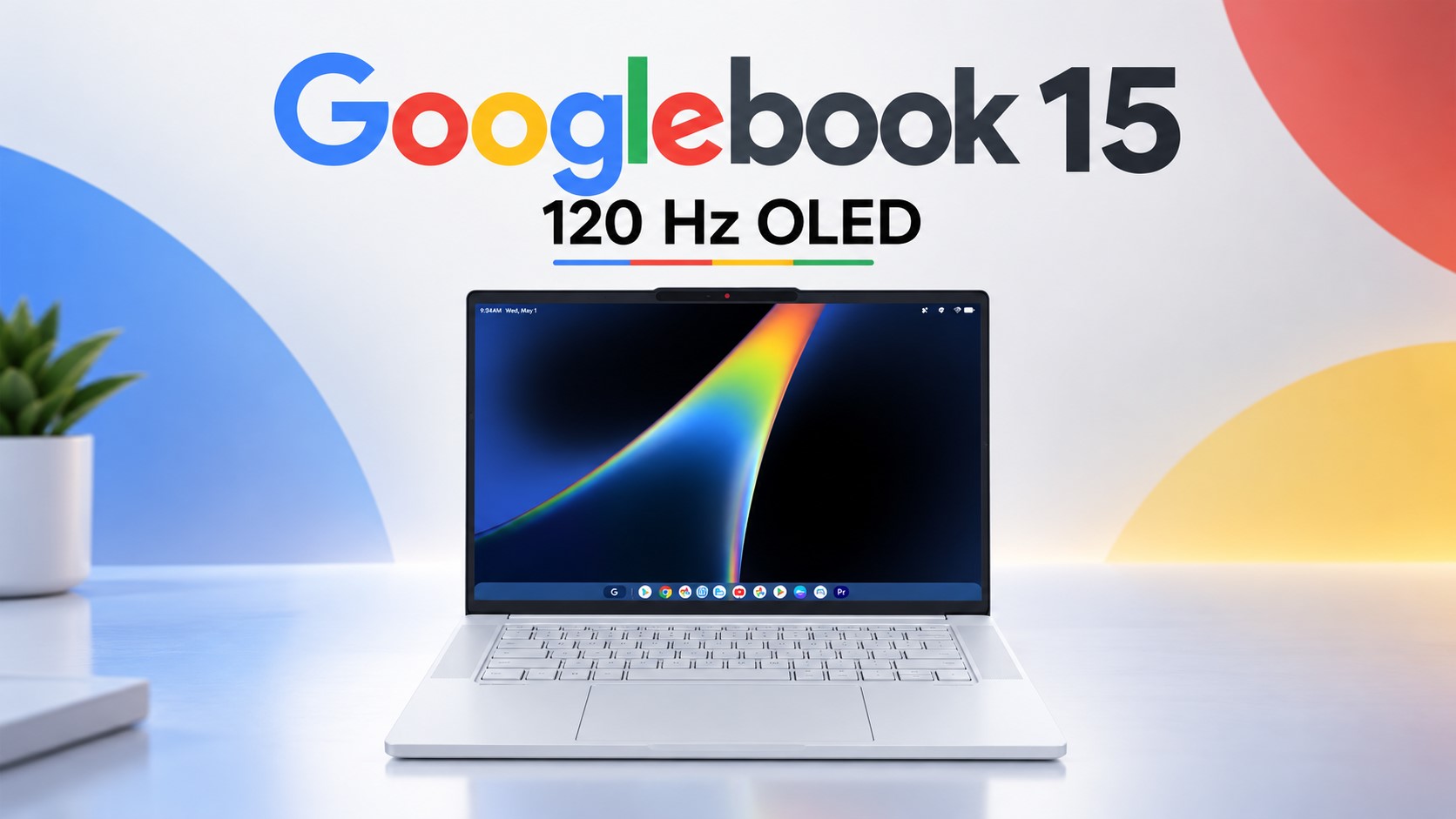 A gray Googlebook 15 laptop is displayed on a table, featuring a '120 Hz OLED' display with a vibrant screen and a visible interface at 9:24 AM.