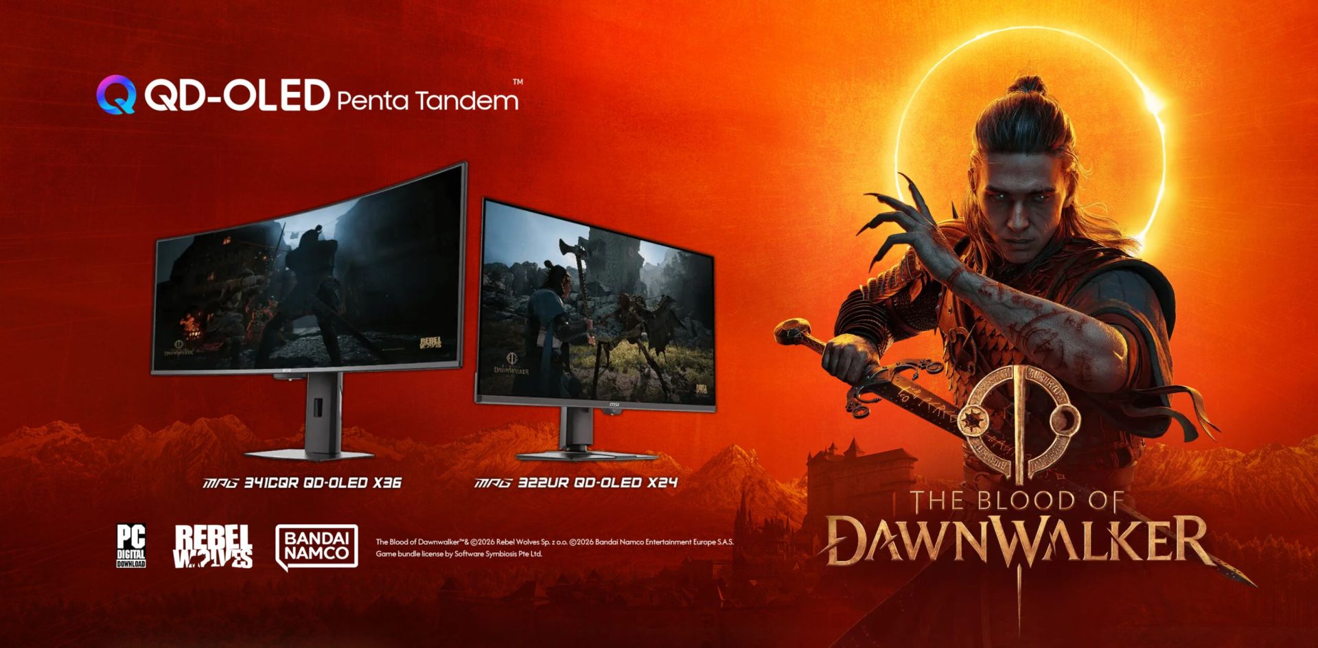 Two MSI monitors, models 'MAG 341CQR QD-OLED X36' and 'MAG 322UR QD-OLED X24,' display gameplay from 'The Blood of Dawnwalker' against an orange background featuring a character with a sword, alongside the text 'QD-OLED Penta Tandem.'
