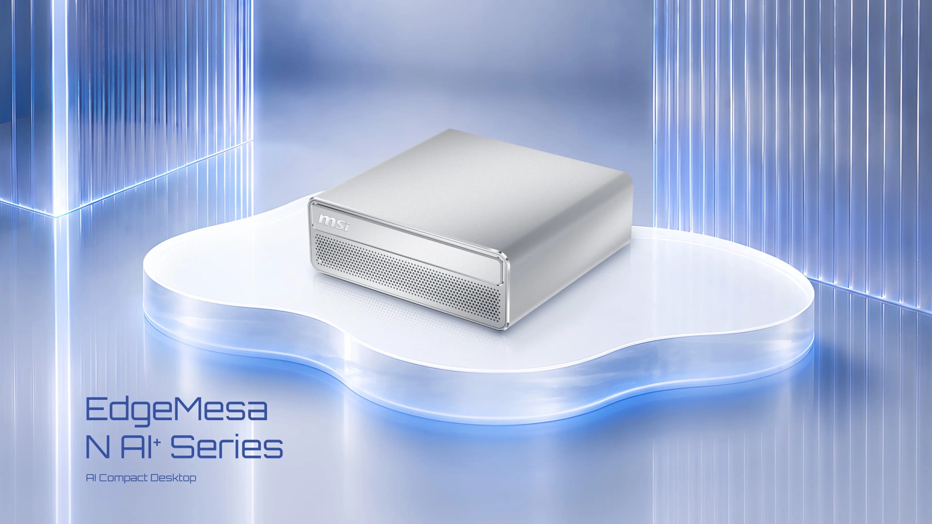 The image shows an MSI compact desktop from the 'EdgeMesa N AI+ Series' on a sleek, illuminated platform with a futuristic backdrop.