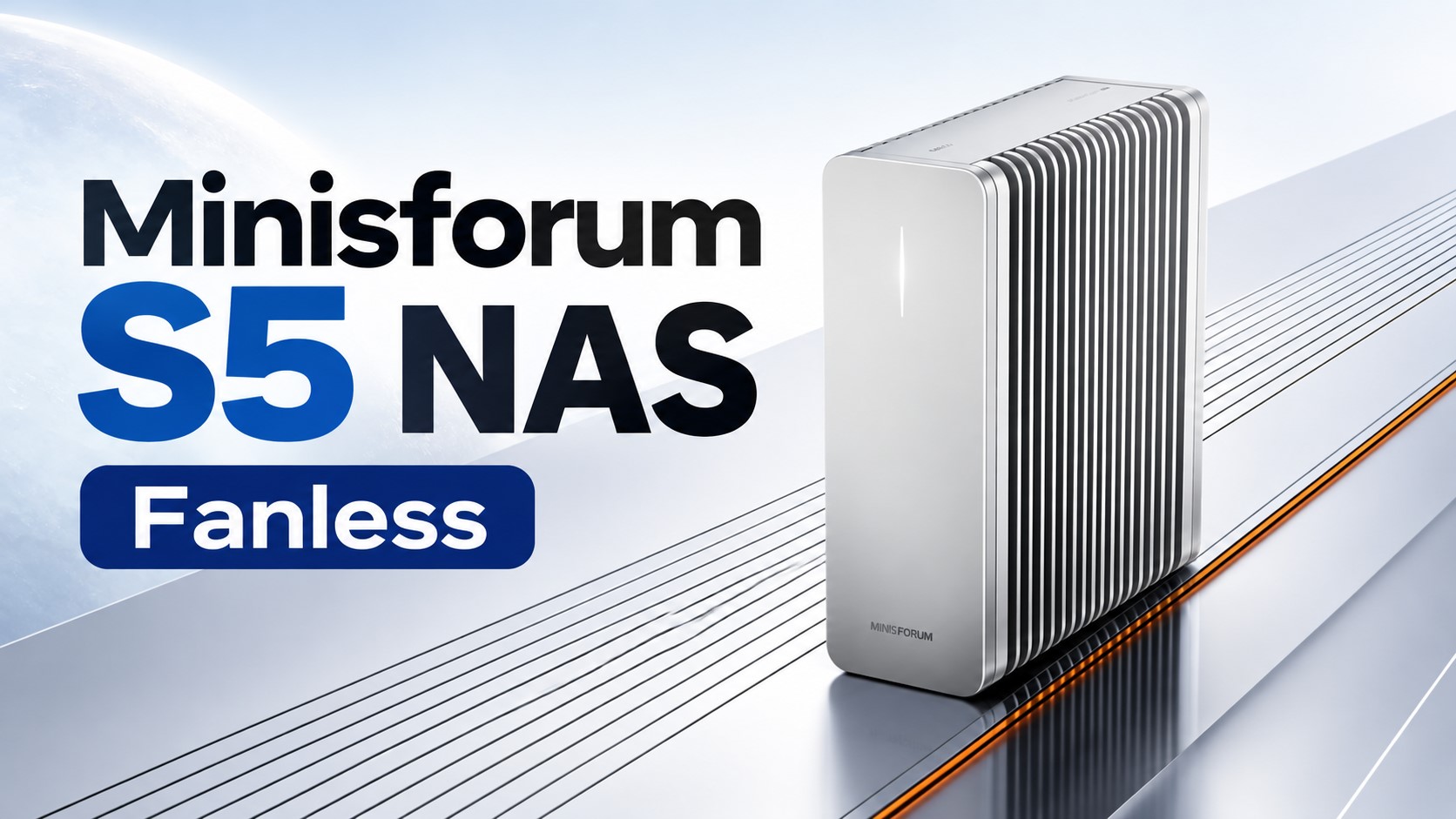 The image shows the Minisforum S5 NAS with the text 'Fanless' prominently displayed beside the device.