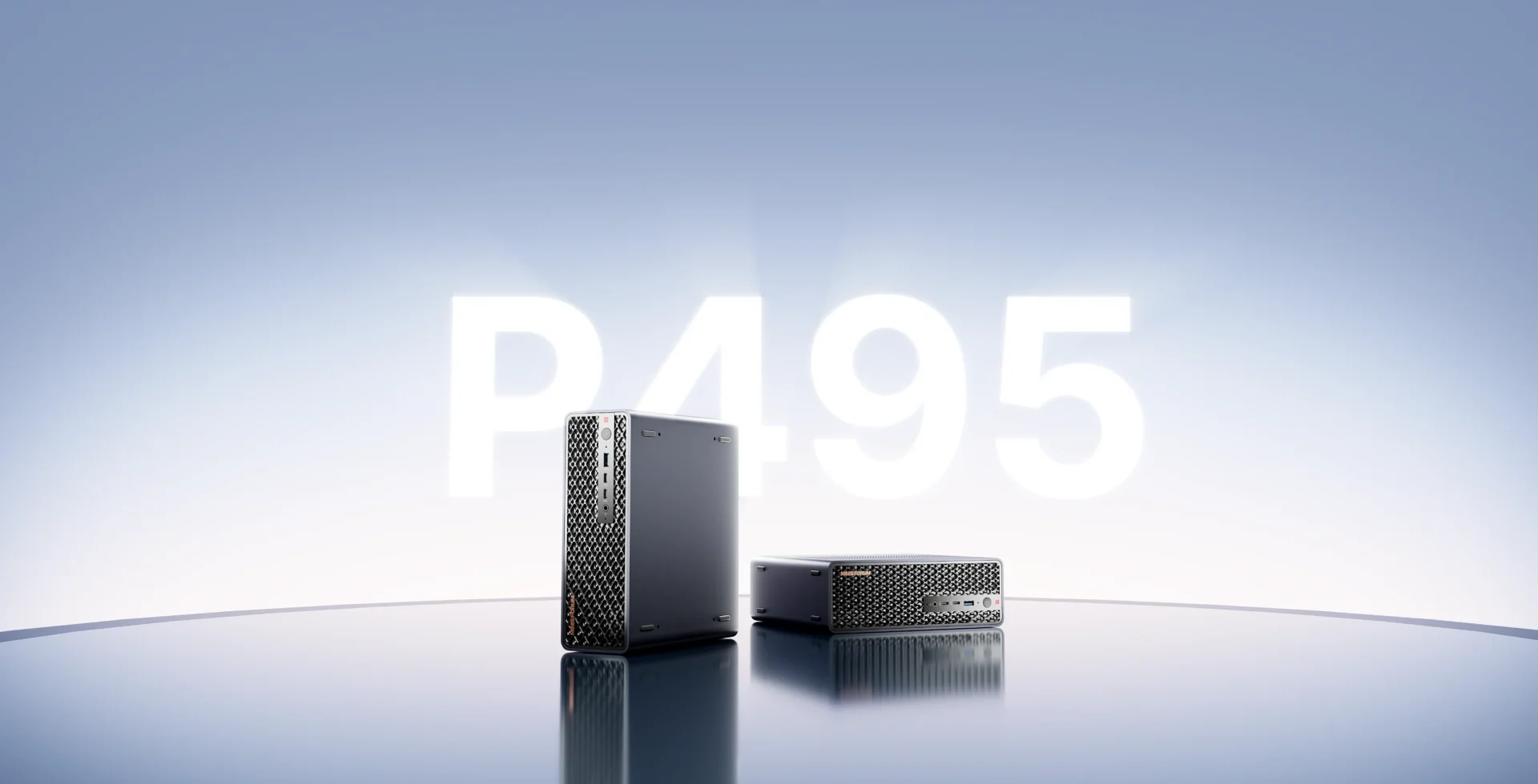 A view of the Lenovo ThinkStation P5 495 in vertical and horizontal orientations against a backdrop with 'P495' in large text.