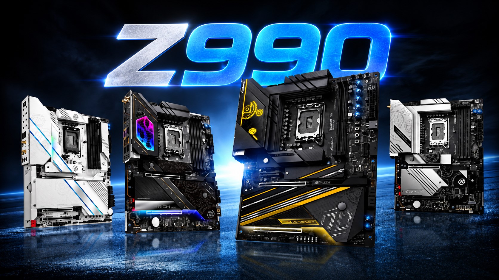 Four ASRock Z990 motherboards are displayed with a blue and silver 'Z990' backdrop, featuring various designs and color schemes.