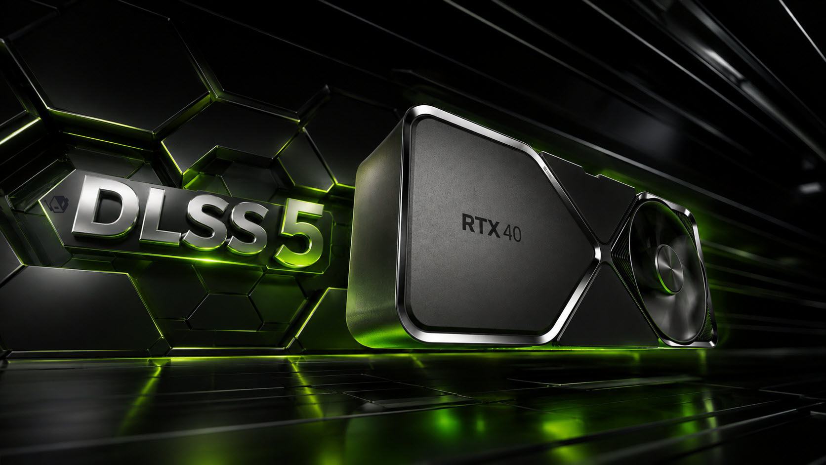 A render featuring 'DLSS 5' text beside an NVIDIA RTX 40 series graphics card with green lighting and hexagonal patterns in the background.