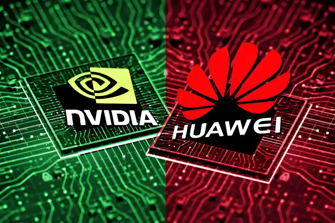 The image displays NVIDIA and Huawei logos on a circuit board background, divided into green and red sections.