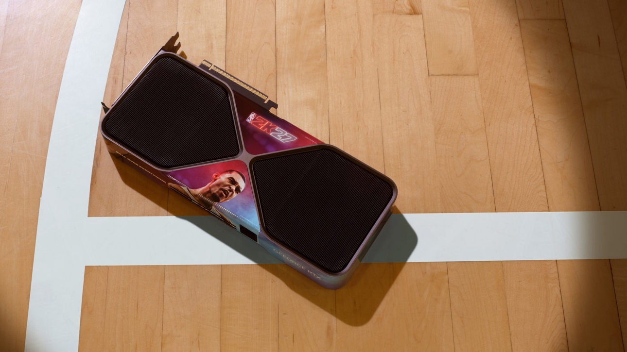 A custom NVIDIA GPU with an 'NBA 2K21' design featuring a basketball player on a hardwood court.