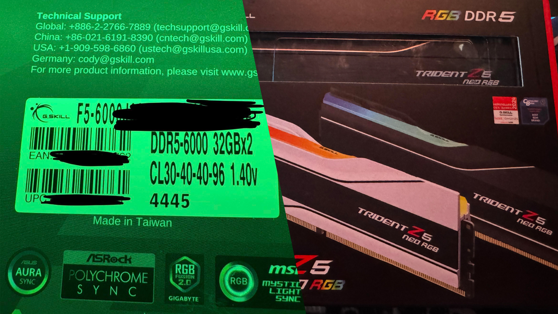 The image shows G.Skill Trident Z5 Neo RGB DDR5 memory packaging, labeled 'DDR5-6000 32GBx2 CL30-40-40-96 1.40V', with various logos including ASUS Aura Sync, ASRock Polychrome Sync, and Gigabyte RGB Fusion 2.0.