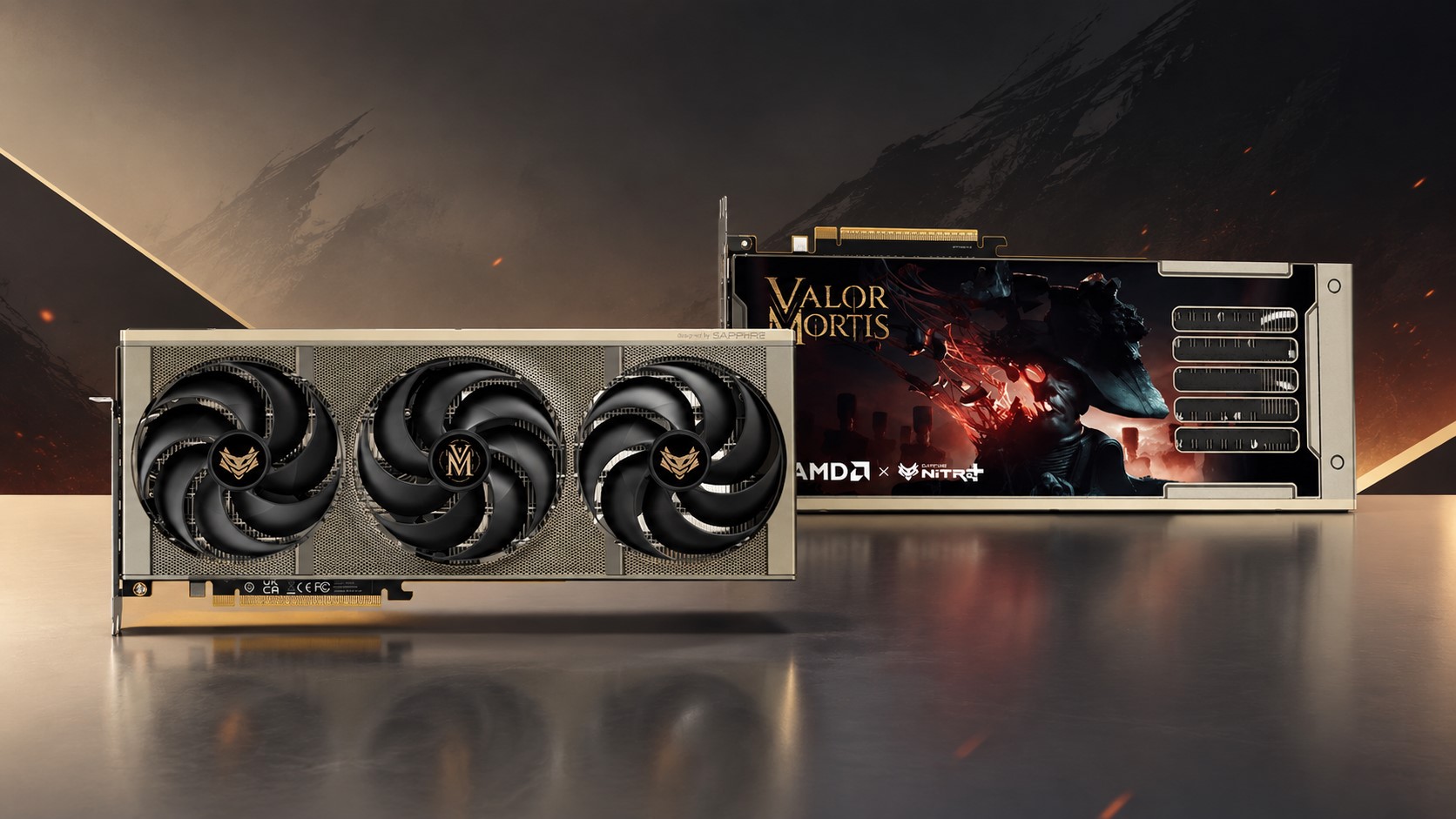 Sapphire graphics card featuring triple fans with the 'AMD NITRO+' logo and artwork titled 'Valor Mortis'.
