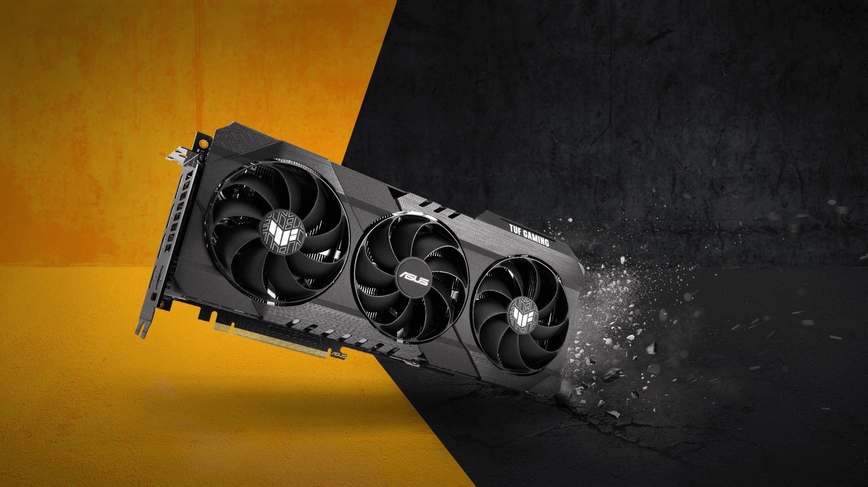 An ASUS TUF Gaming graphics card with three cooling fans appears to break through a cracked surface.