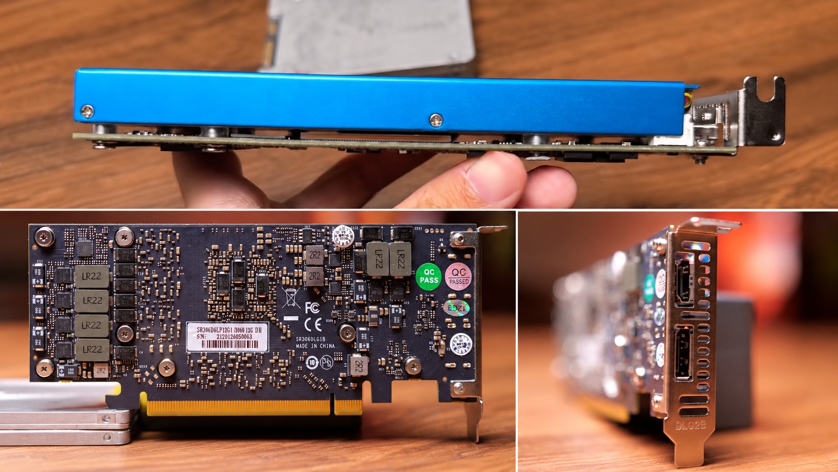 A blue unbranded graphics card is shown from the side, showcasing its connectors and detailed circuit board with visible labels like 'QC PASS' and 'SR3060DGLP1G21 J060 1G.'