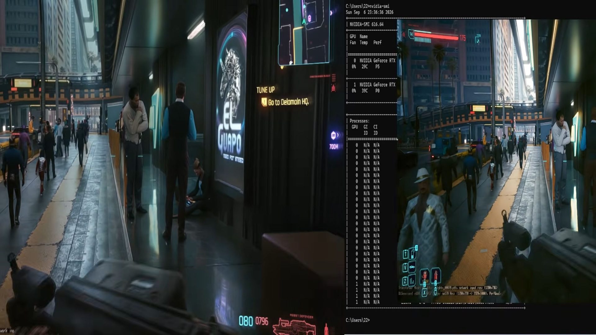 A gameplay screenshot of 'Cyberpunk 2077' showing a mission prompt 'Go to Delamain HQ' in a street scene, alongside a system performance overlay listing 'NVIDIA GeForce RTX' GPUs at 0% usage for both GPU 0 and GPU 1.