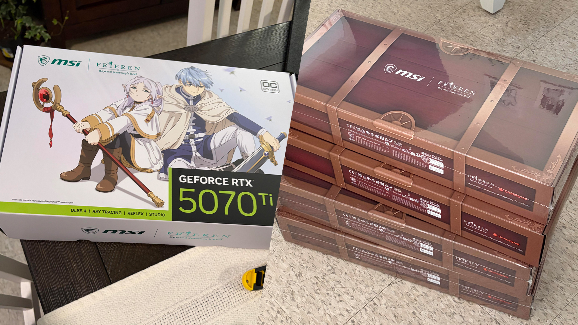 An MSI GeForce RTX 5070 Ti graphics card box featuring 'Frieren: Beyond Journey's End' characters, alongside stacked boxes designed to resemble treasure chests.