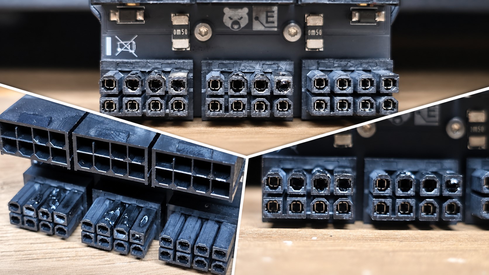 A collage showing close-up views of several 12VHPWR connectors, including one with visible signs of melting.