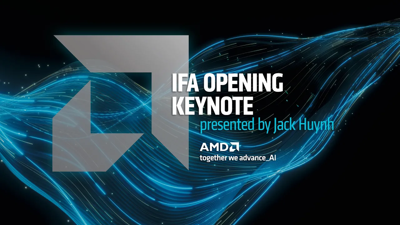 The image shows a digital blue swirl design with the text 'IFA Opening Keynote presented by Jack Huynh' and the AMD logo with 'together we advance_AI'.