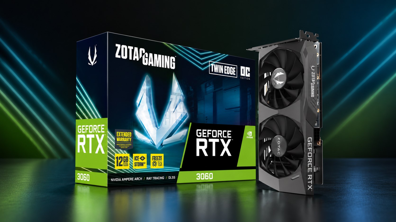 The image shows a Zotac Gaming GeForce RTX 3060 Twin Edge OC edition graphics card and its packaging, highlighting features like '12GB GDDR6,' 'Extended Warranty,' 'Ice Storm 2.0,' and 'Freeze Tech'.