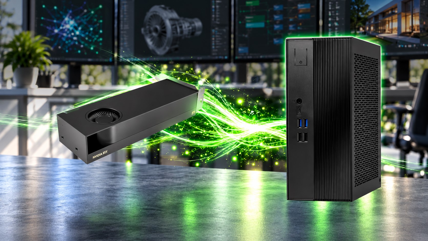 A NVIDIA RTX external GPU and a compact desktop tower are displayed on a desk with glowing green lights connecting them, against a background of computer monitors showing CAD designs.
