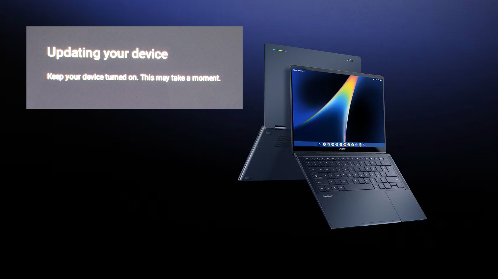 Acer Chromebook X16 laptop with a display showing 'Updating your device' alongside the device's back view.