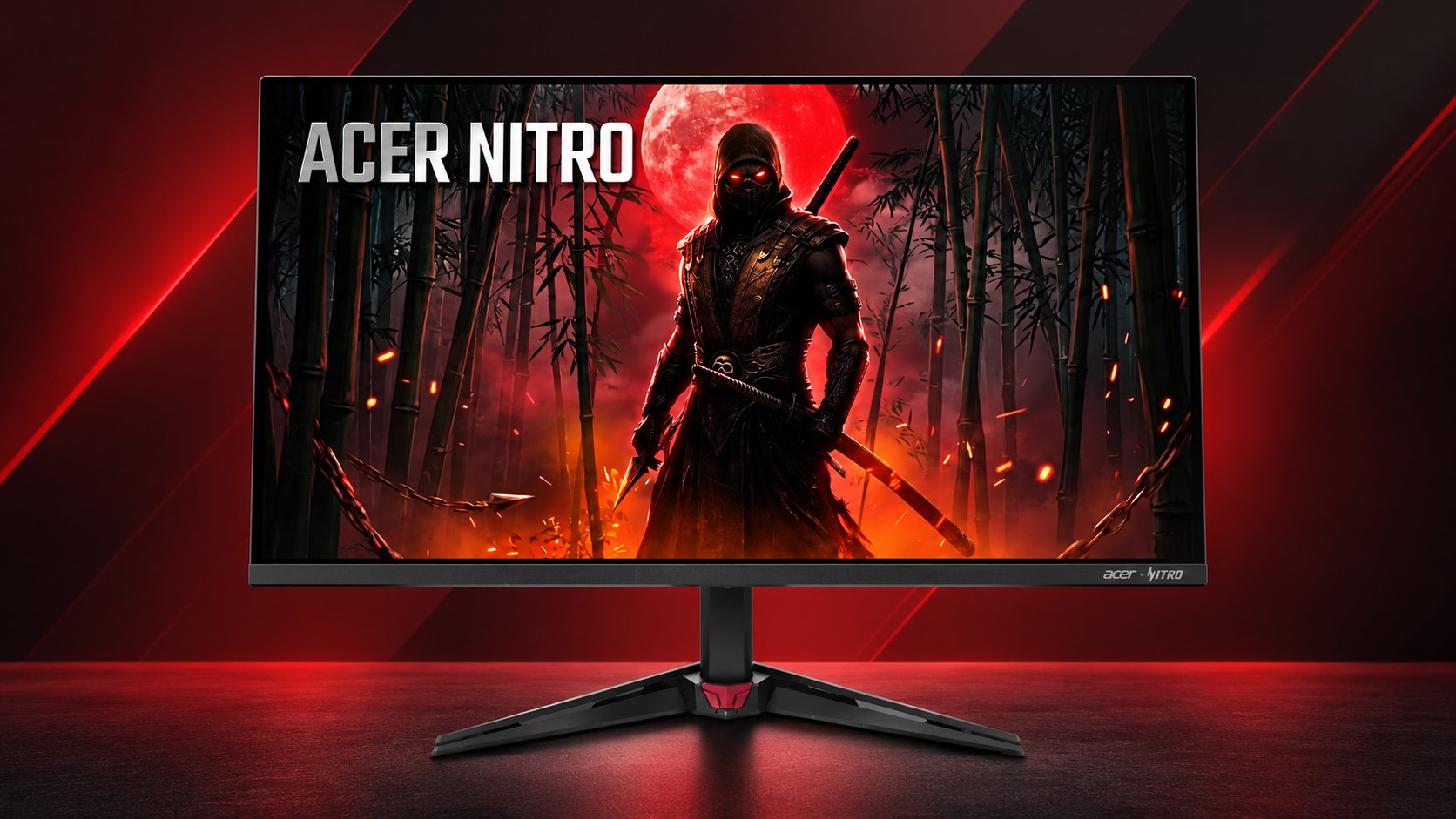 An Acer Nitro monitor displays an image of a ninja warrior with glowing red eyes, surrounded by bamboo and a red full moon.