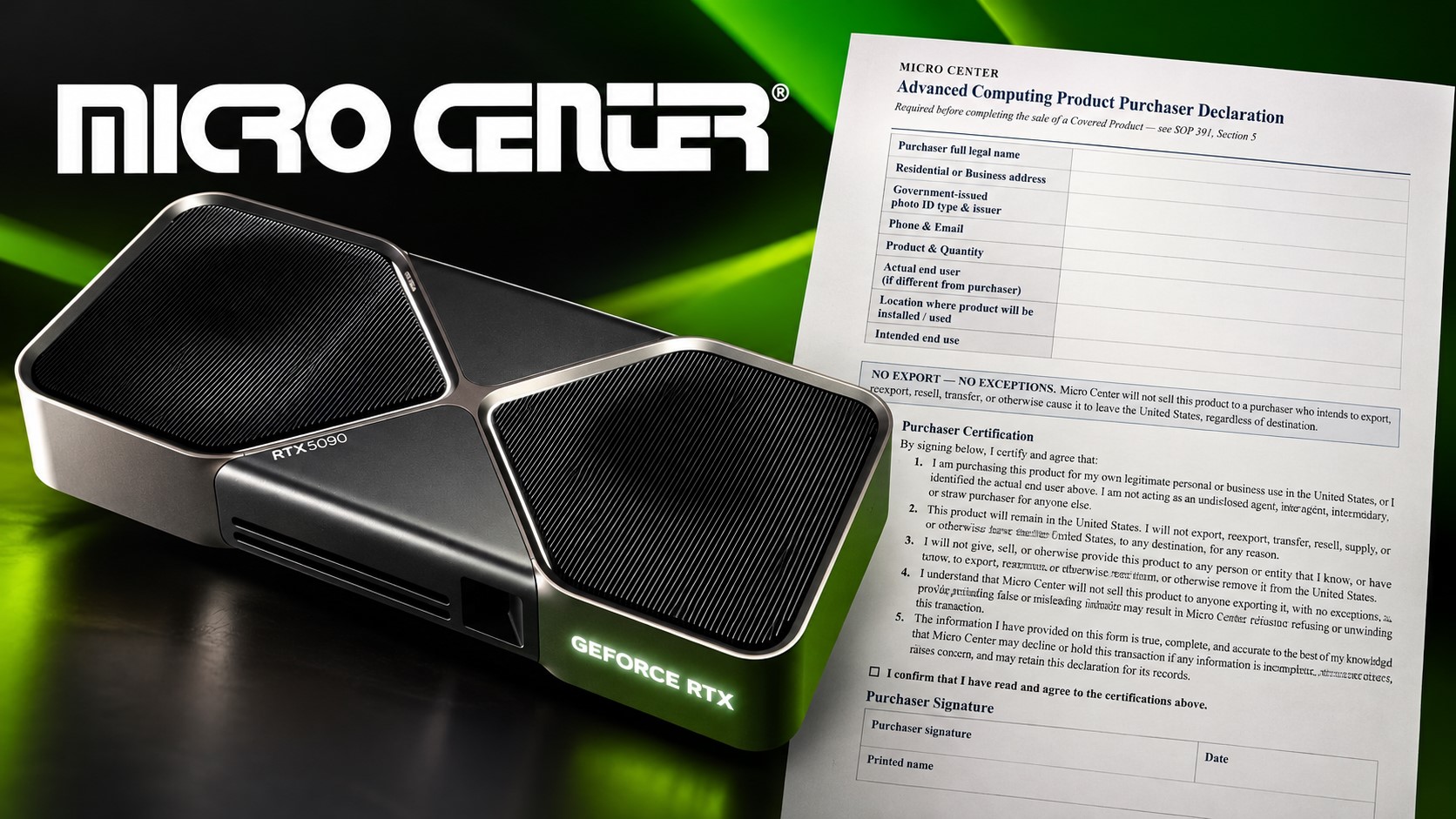 A NVIDIA GeForce RTX 5090 graphics card is displayed next to a 'Micro Center Advanced Computing Product Purchaser Declaration' form.