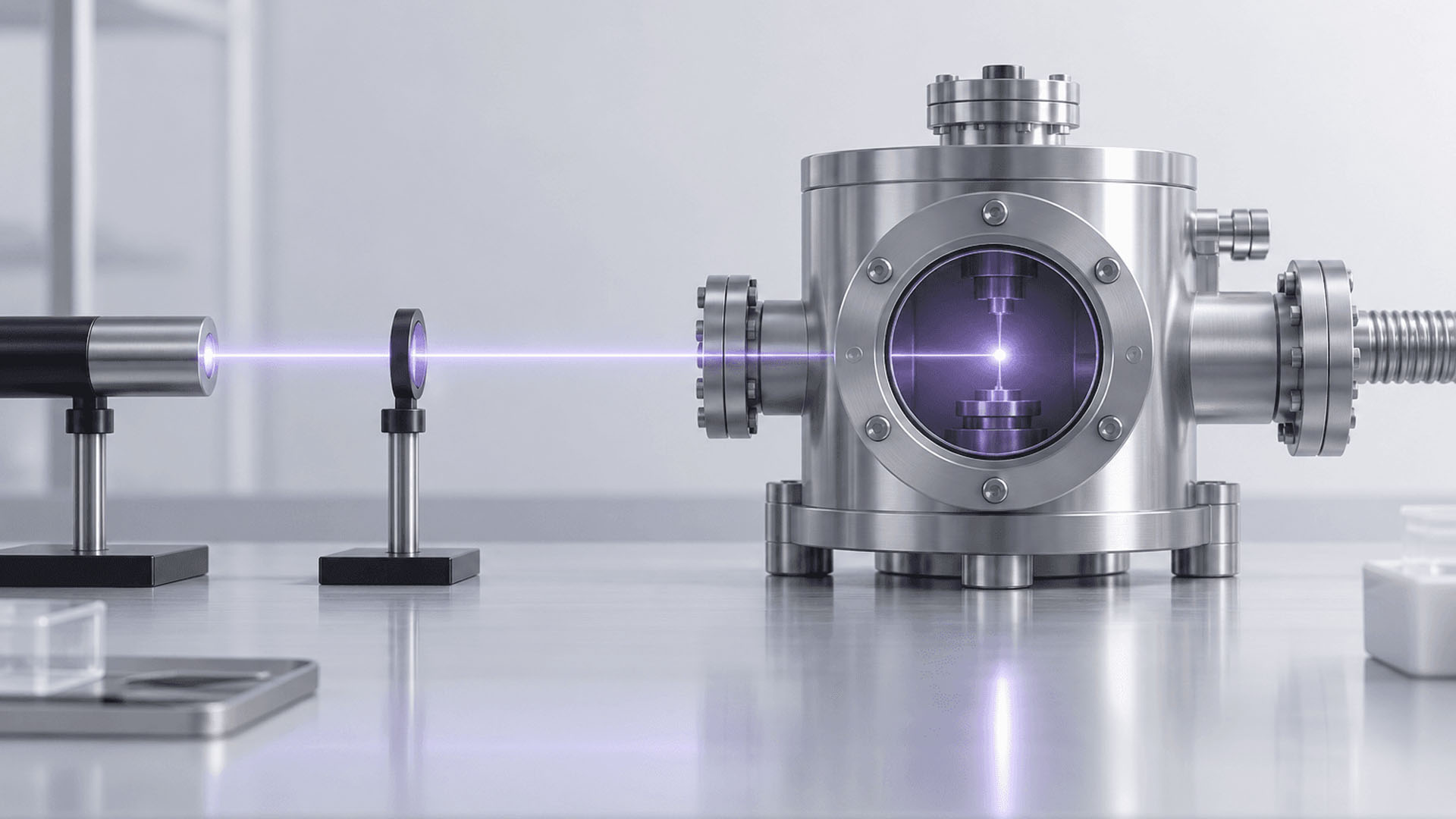 A laboratory setup shows a laser beam passing through a series of optical components towards a cylindrical metal chamber.