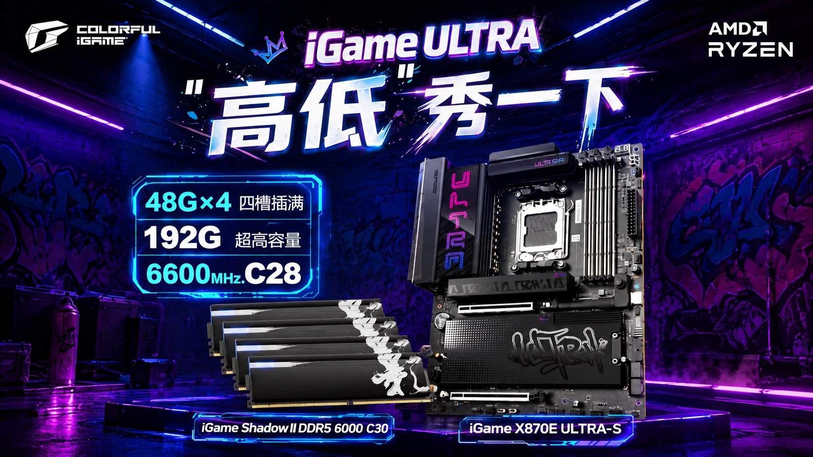A promotional image for Colorful iGame featuring the iGame X870E ULTRA-S motherboard and iGame Shadow II DDR5 6000 C30 RAM modules, with text highlighting '48G×4 192G 6600MHz C28' against a neon-lit background.