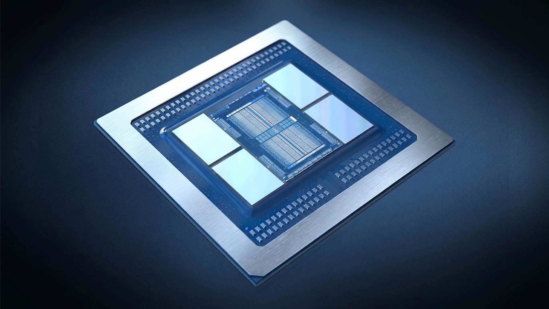 A close-up of an Intel chip with a silver and blue design, showing intricate circuitry details.