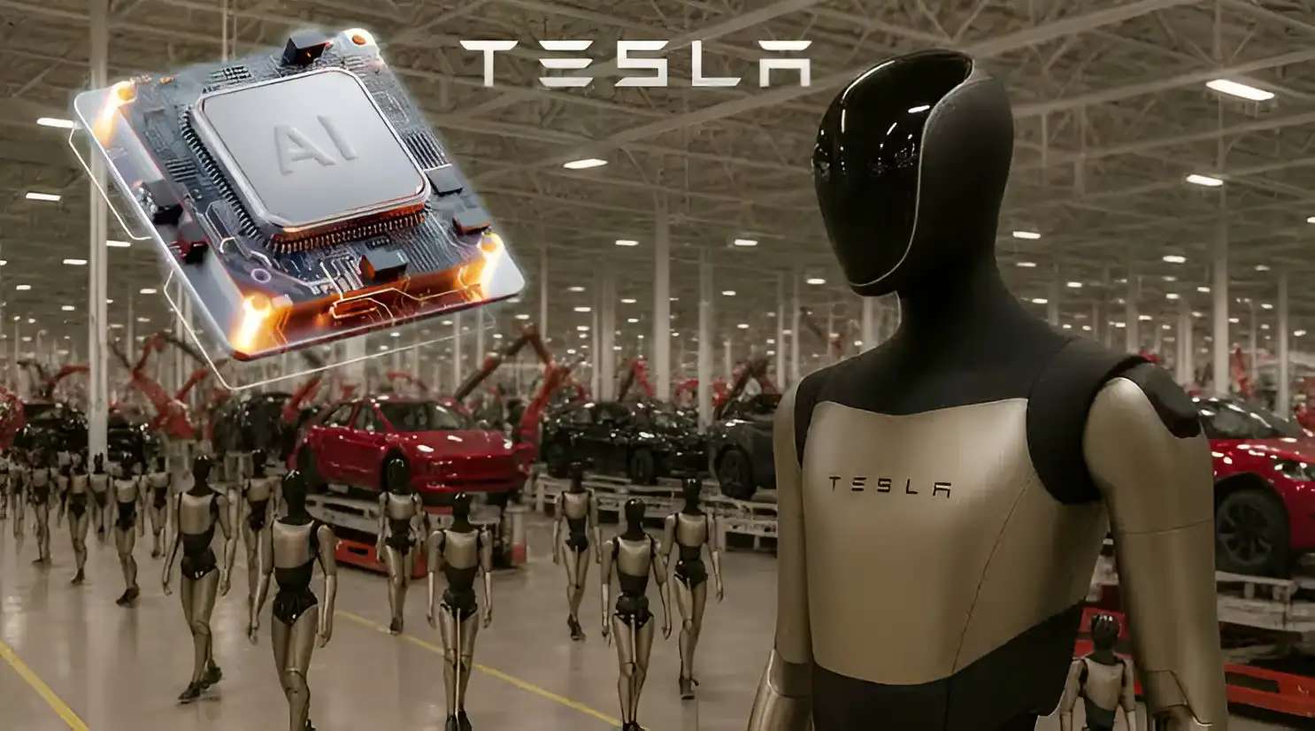A Tesla-branded humanoid robot stands in a factory with other robots and cars, while an 'AI' chip is shown above.