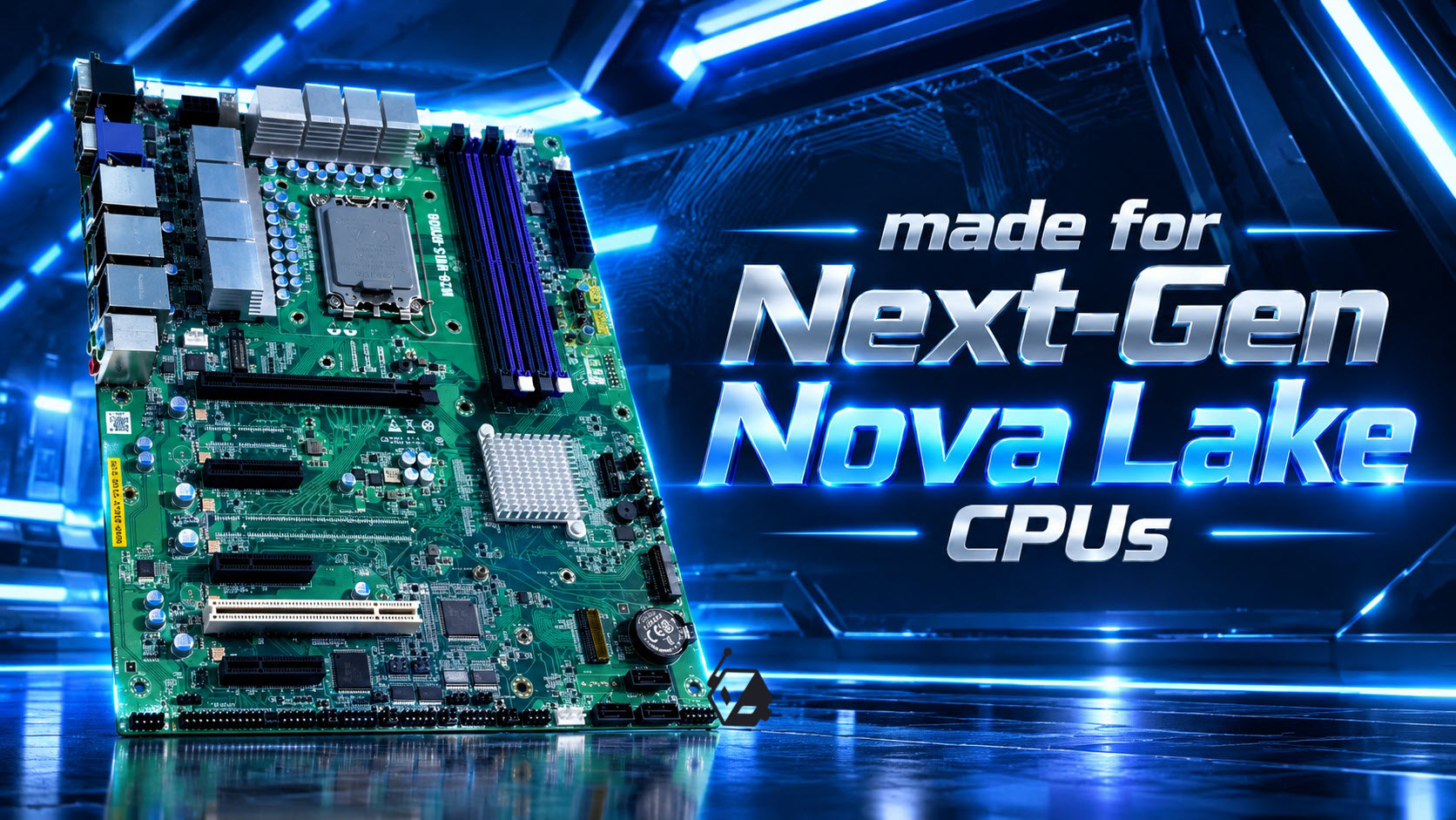A detailed motherboard with text 'made for Next-Gen Nova Lake CPUs' illuminated in a futuristic blue-toned setting.
