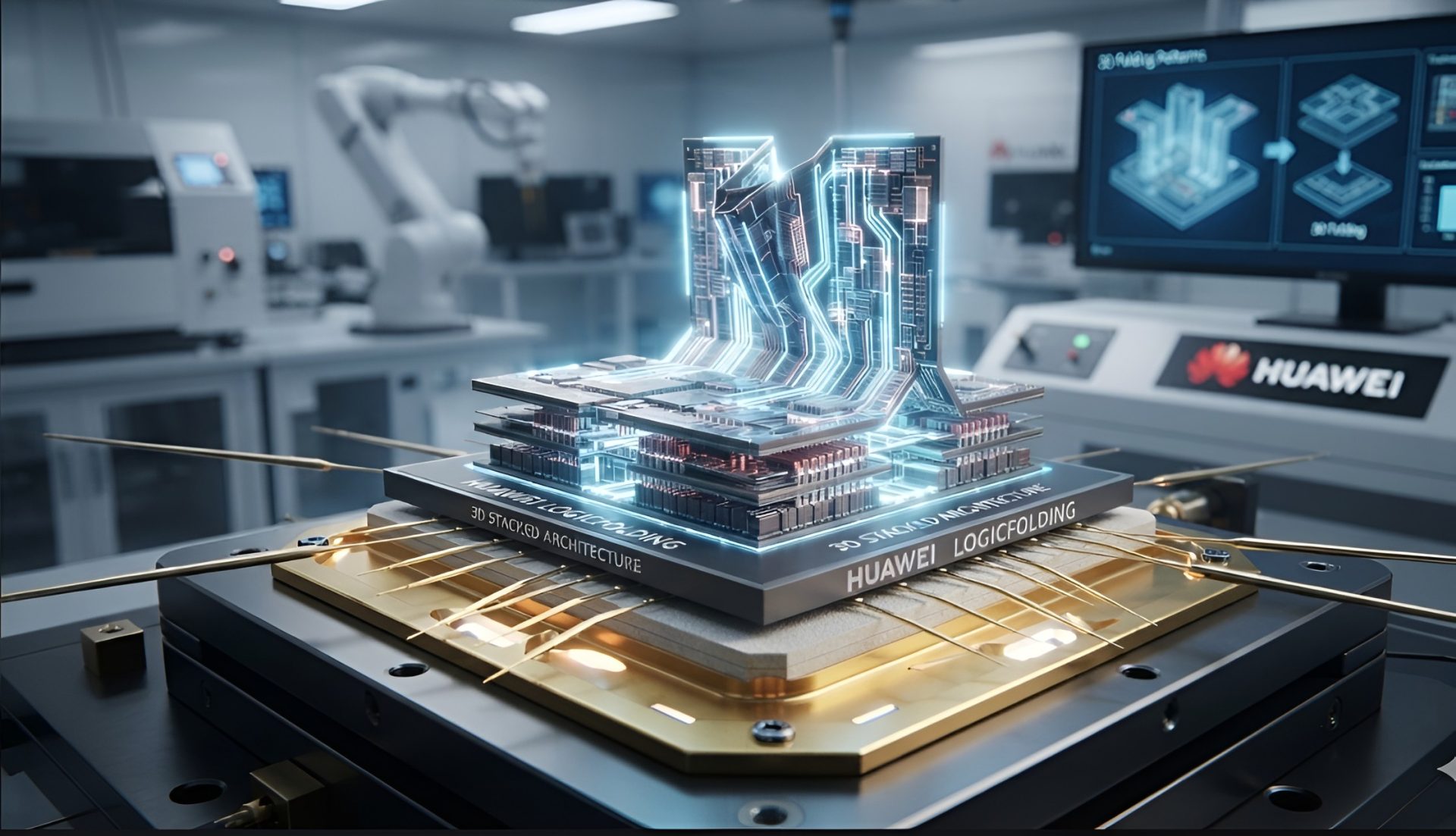 A futuristic representation of Huawei's '3D Stacked Architecture' with a 'LogicFolding' circuit board in a high-tech lab setting, featuring robotic equipment and monitors.