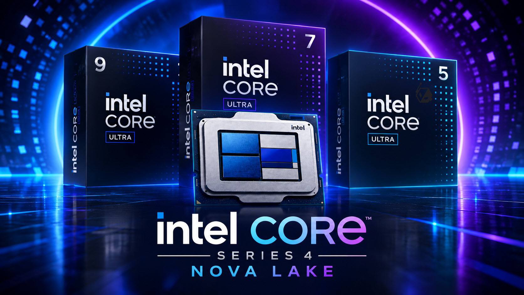 Boxes of Intel Core Ultra series 4 processors with the names '9', '7', and '5', featuring the 'Nova Lake' branding, shown with a prominent close-up of an Intel CPU.