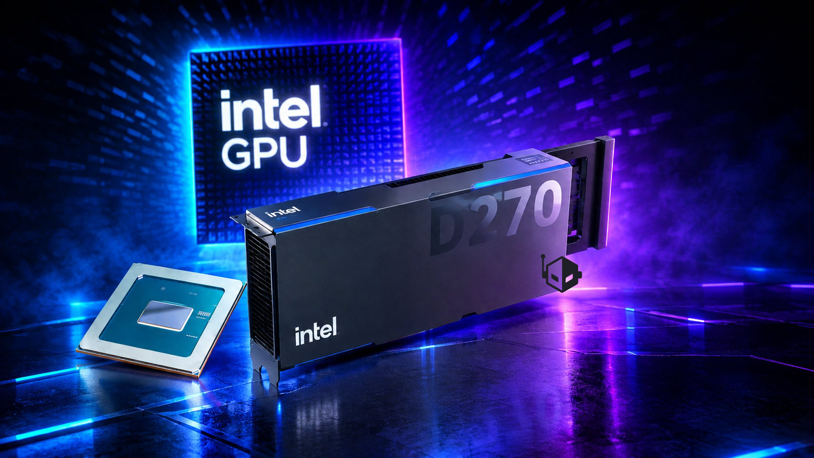 An Intel D270 graphics card and processor chip are displayed against a glowing backdrop with 'Intel GPU' prominently featured.