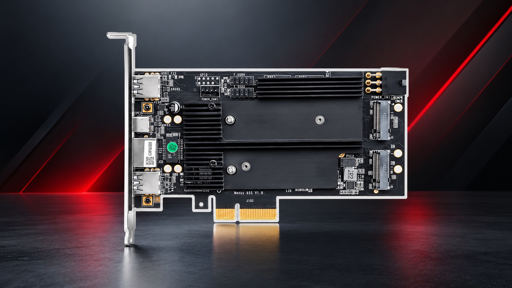 A PCIe expansion card labeled 'Nexus 6S V1.0' is displayed against a dark, red-accented background, featuring multiple connectors and slots.