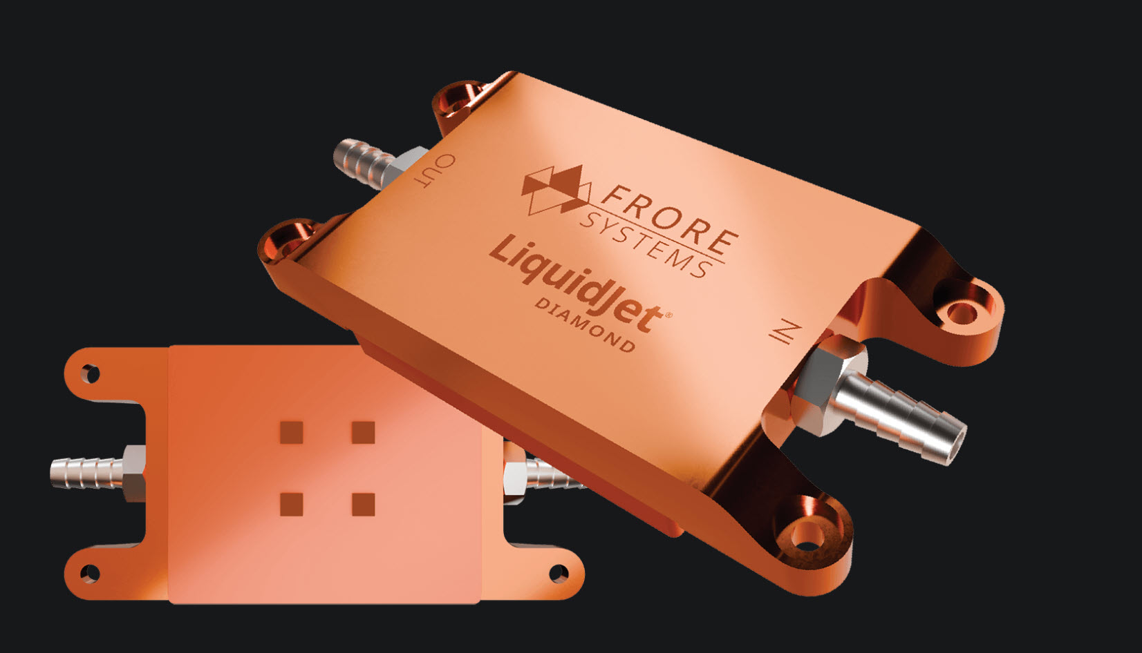 A close-up of the Frore Systems LiquidJet Diamond cooling module with copper finish, showing intake and outflow connectors.