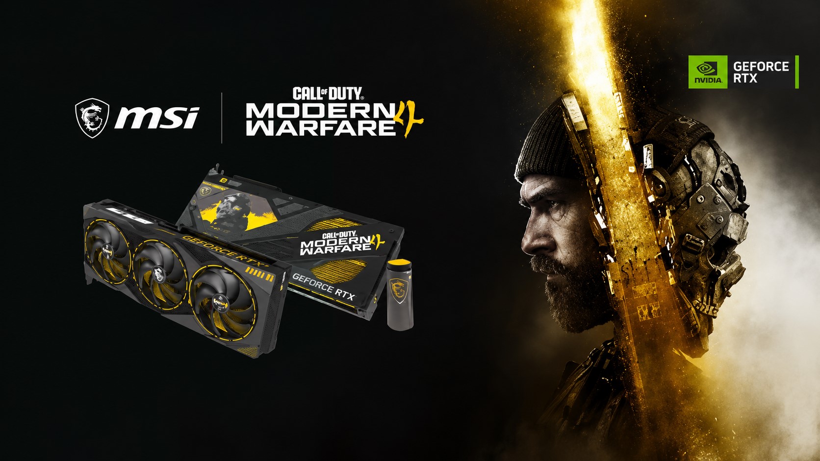 The image features an MSI GeForce RTX graphics card with Call of Duty: Modern Warfare III branding next to the game's themed packaging and key art, alongside NVIDIA and MSI logos.