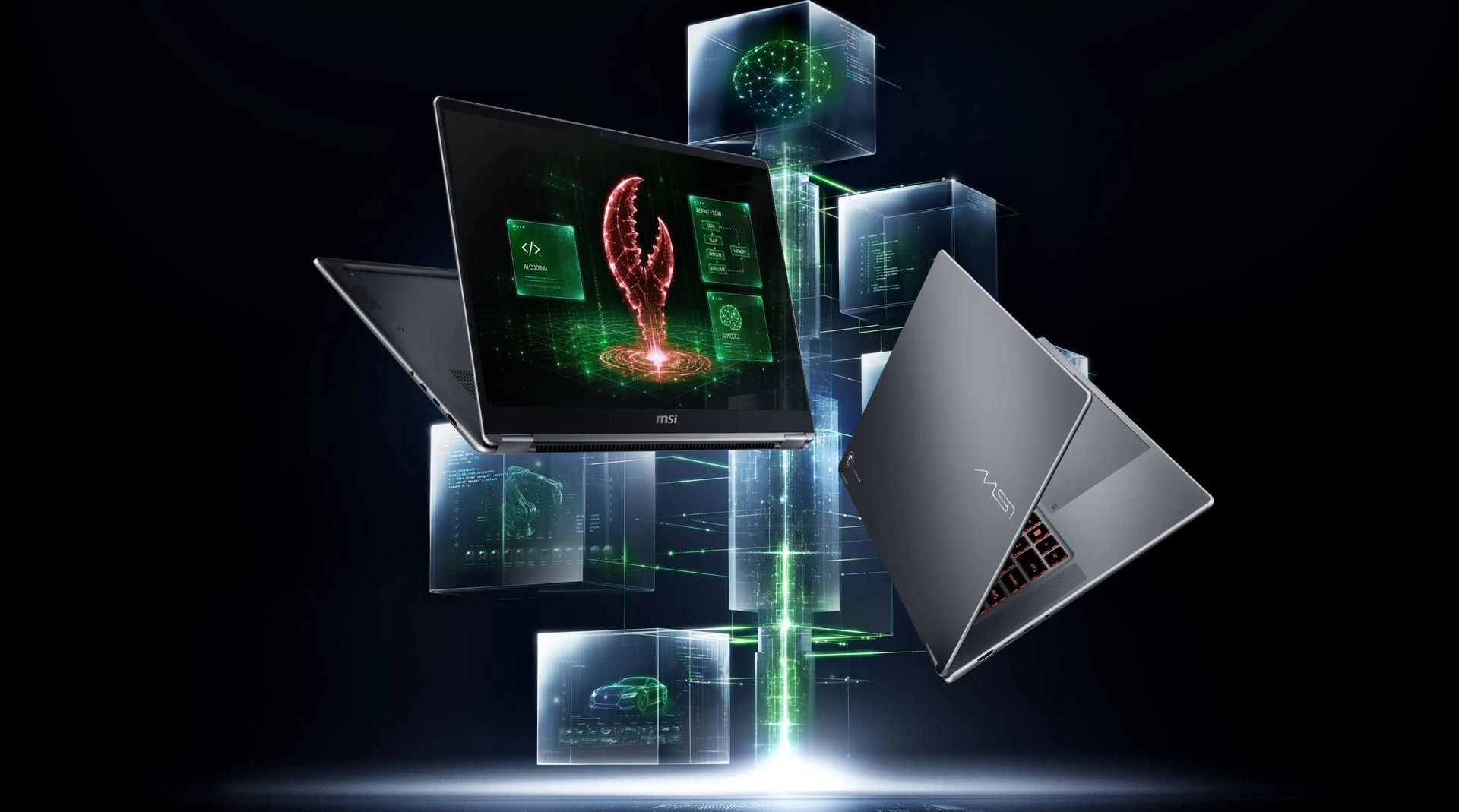 Floating MSI laptops with holographic digital displays in a futuristic setting.